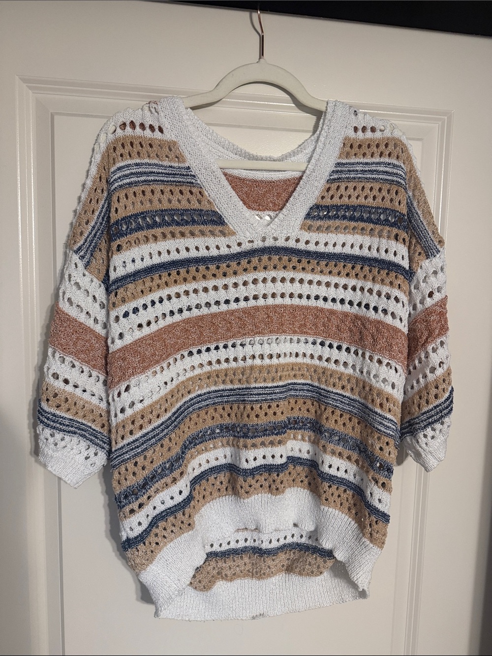 Striped Open-Knit V-Neck Sweater in White, Tan & Rust